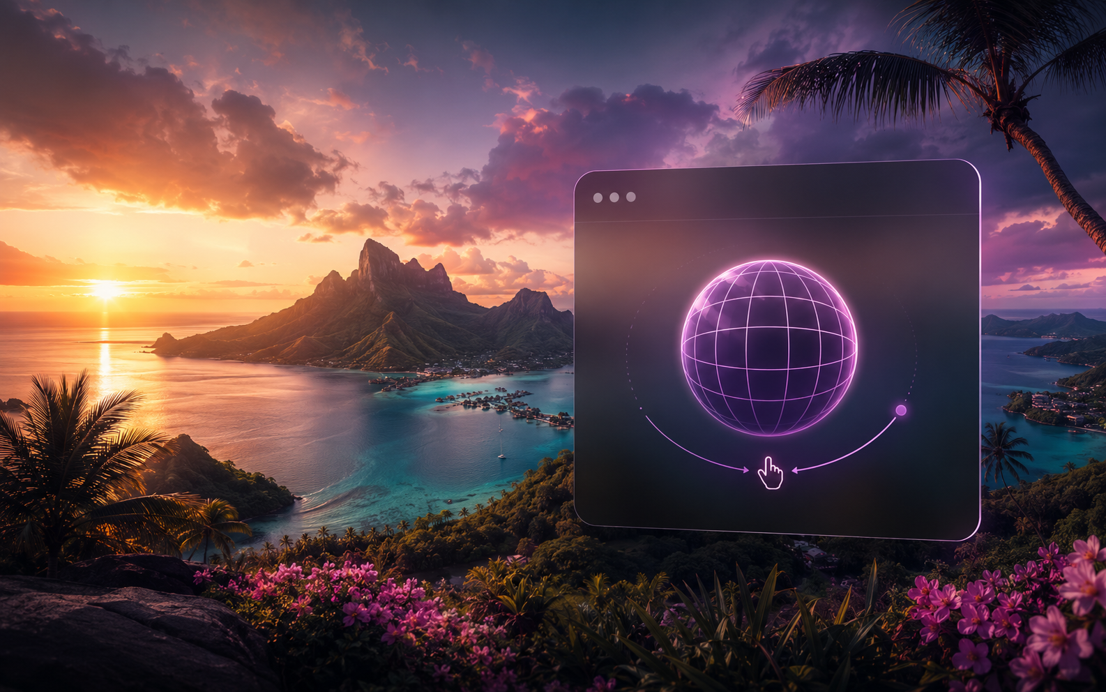 Tropical island panorama with an interactive 360 degree globe